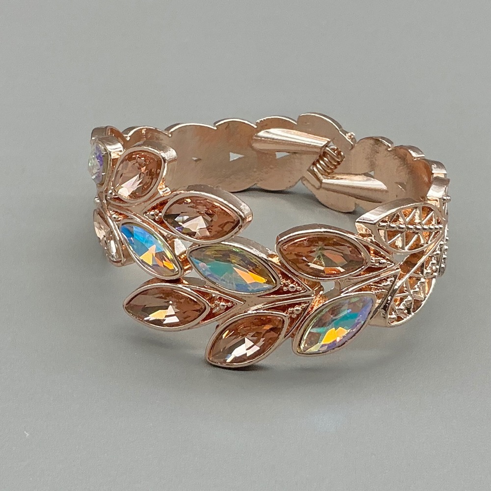 Bracelet Womens Rose Gold Tone Leaf Crystal Rhinestone Hinged Cuff Bangle 7 Inch